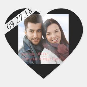 Black Wedding Date Photo Heart Shaped Sticker