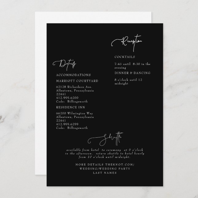 Black Wedding Detail Invitation (Front/Back)