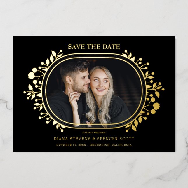 Black Wedding Fancy Ornament Frame Flowers Foil Invitation (Front)