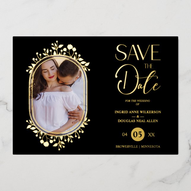 Black Wedding Fancy Ornament Frame Flowers Photo Foil Invitation (Front)