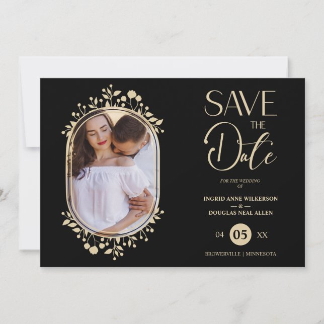 Black Wedding Fancy Ornament Frame Flowers Photo Save The Date (Front)