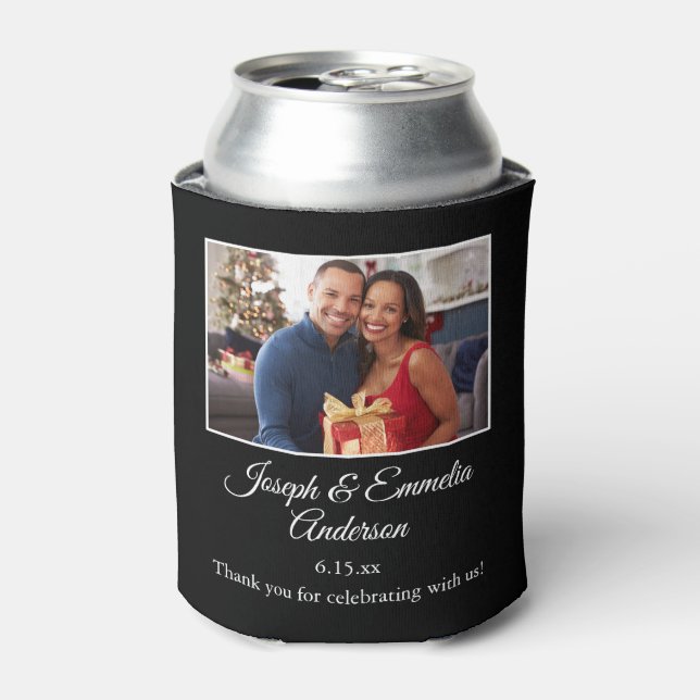 Black Wedding Favor Photo Couple Photo, Names Can Cooler (Can Front)