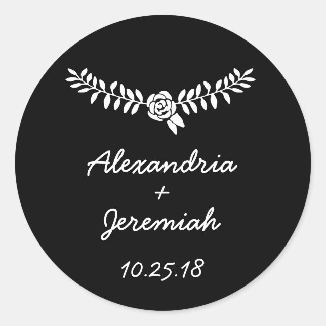 Black wedding favor round stickers floral vine (Front)