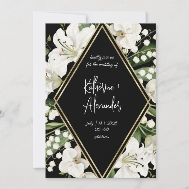 Black wedding floral Lily Invitation classics (Front)