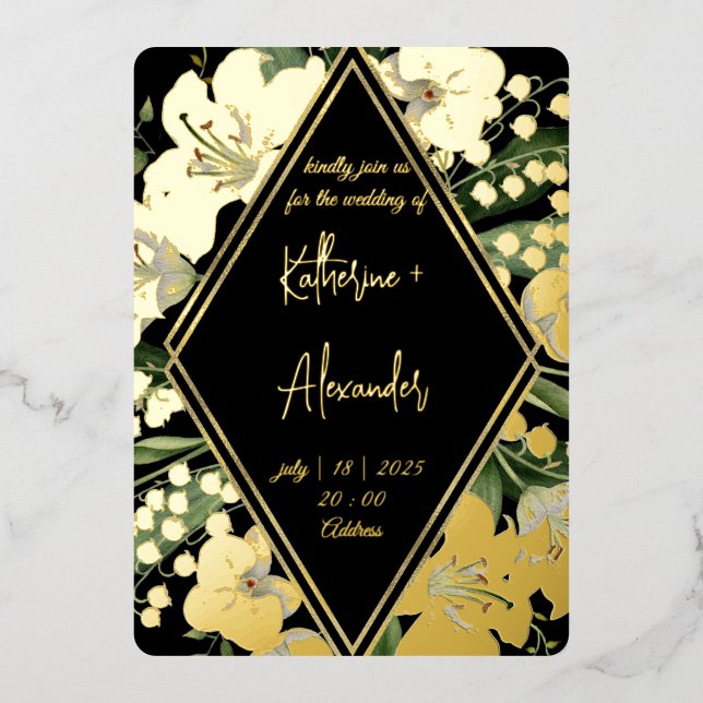 Black wedding floral Lily Invitation classics Gold Foil Invitation (Front)