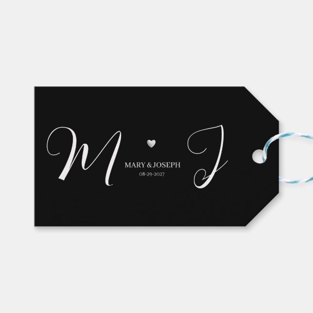 Black Wedding Gift Tag with White Monogram Text (Front (Horizontal))