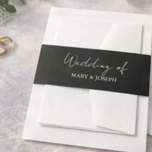 Black Wedding Invitation Belly Band White Text