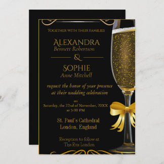 Black Wedding Invitation with Gold Champagne Glass