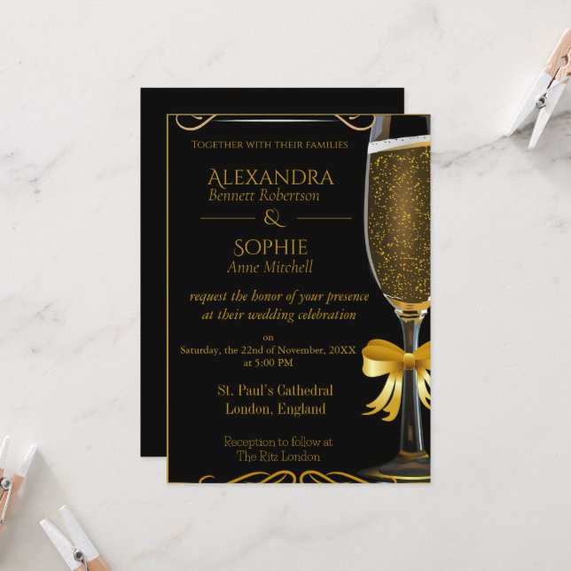 Black Wedding Invitation with Gold Champagne Glass (Front/Back In Situ)
