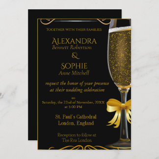 Black Wedding Invitation with Gold Champagne Glass