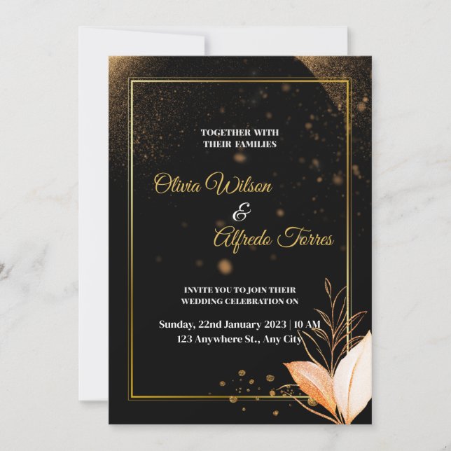 black wedding invitation with gold colors (Front)