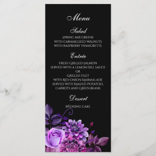 Black wedding menu Purple floral dinner menu