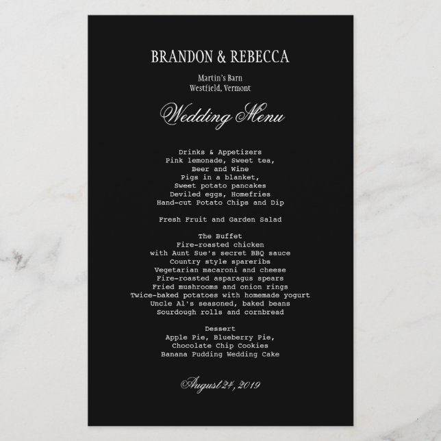 Black Wedding Menu White Text Template (Front)