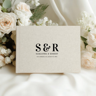 Black Wedding Monogram on Beige Linen Guest Book