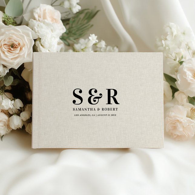 Black Wedding Monogram on Beige Linen Guest Book (Creator Uploaded)