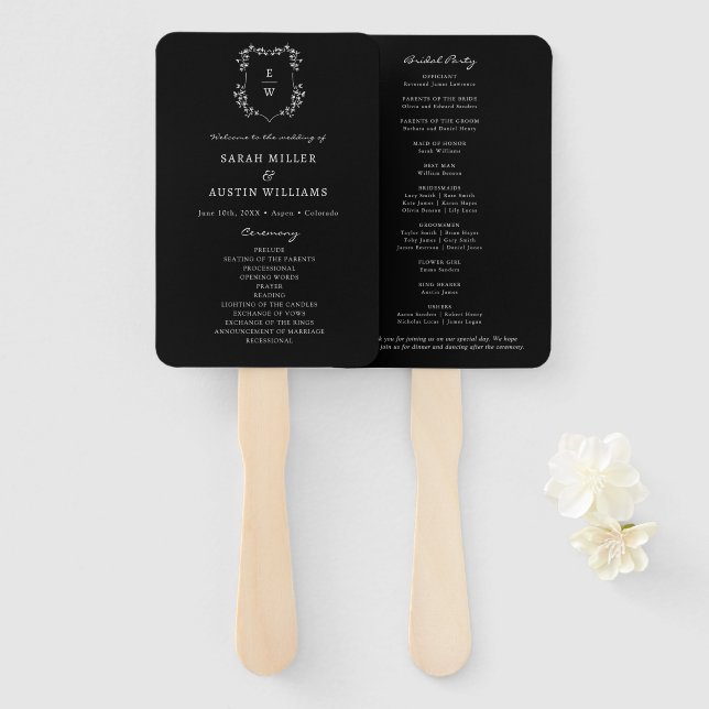 Black Wedding Program Hand Fan (Front and Back)