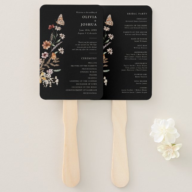 Black Wedding Program Hand Fan (Black Boho Floral Wedding Program Hand Fan with Butterfly by Painted Paperie
)