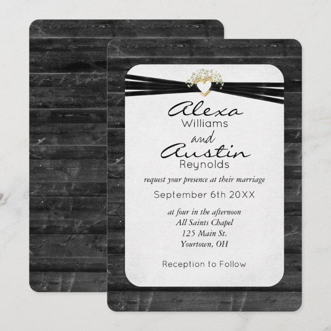 Black Wedding Ribbon and Heart On Wood Invitation (Front/Back)