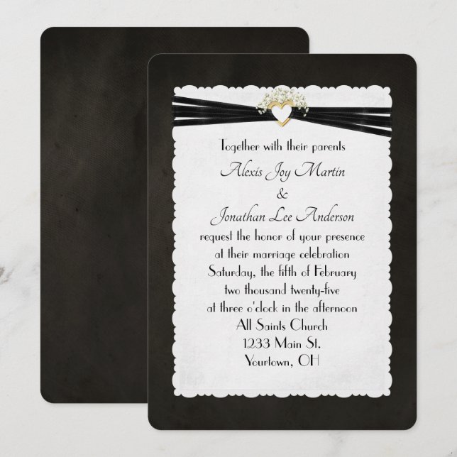 Black Wedding Ribbon in Gold Heart  Invitation (Front/Back)