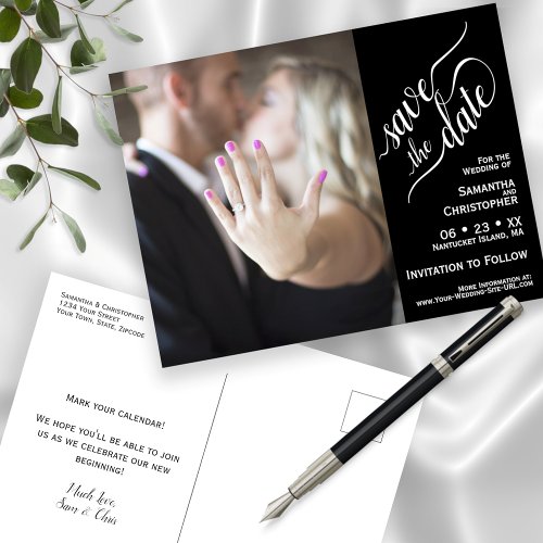 Black Wedding Save the Date Calligraphy  Photo Announcement Postcard