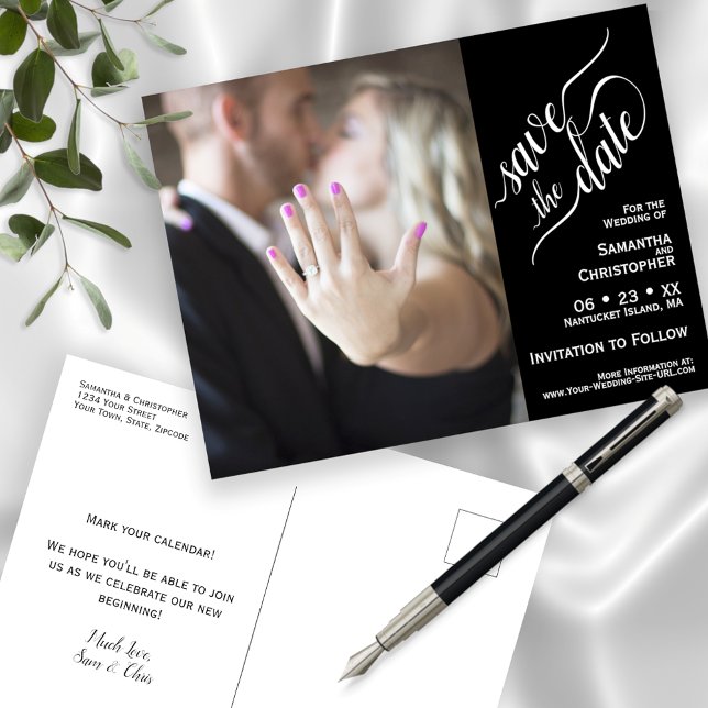 Black Wedding Save the Date Calligraphy & Photo Announcement Postcard (Creator Uploaded)