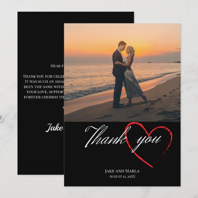Black wedding simple 1 photo elegant script  thank you card (Front/Back)