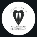 Black Wedding Suit and Tie Groomsman Proposal Classic Round Sticker<br><div class="desc">Make Your Wedding Unforgettable – Add a personal touch with a groomsman proposal sticker
featuring a black suit and tie illustration with groomsmen proposal message in a classic serif font.</div>