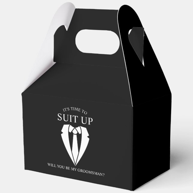 Black Wedding Suit and Tie Groomsman Proposal Favor Boxes (Front)