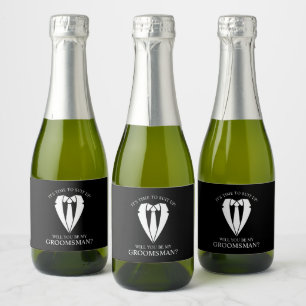 Black Wedding Suit and Tie Groomsman Proposal Sparkling Wine Label