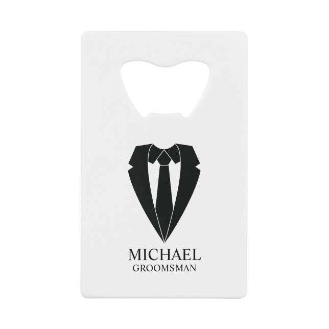 Black Wedding Suit and Tie Personalized Groomsmen Credit Card Bottle Opener (Front)