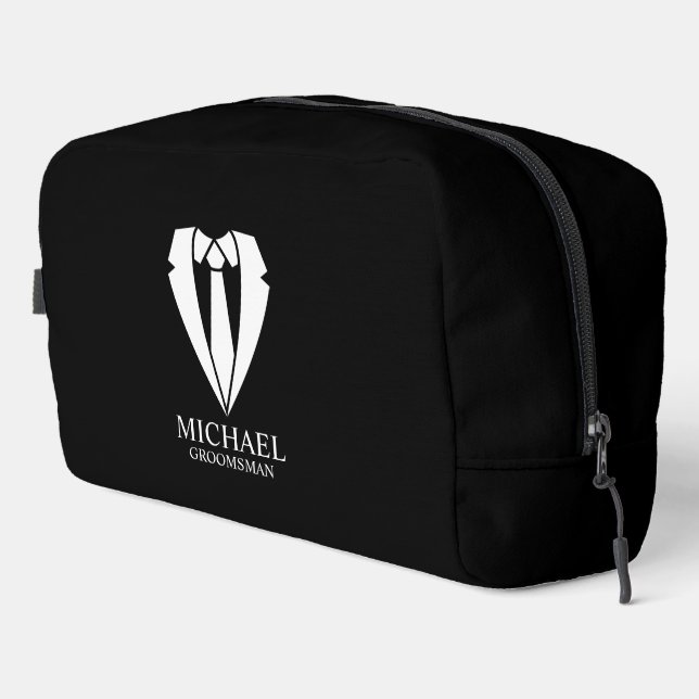 Black Wedding Suit and Tie Personalized Groomsmen Dopp Kit (Right Corner)