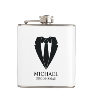 Black Wedding Suit and Tie Personalized Groomsmen Flask
