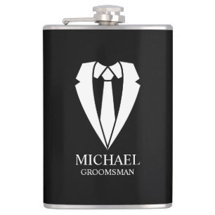 Black Wedding Suit and Tie Personalized Groomsmen Flask