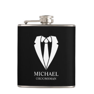 Black Wedding Suit and Tie Personalized Groomsmen Flask