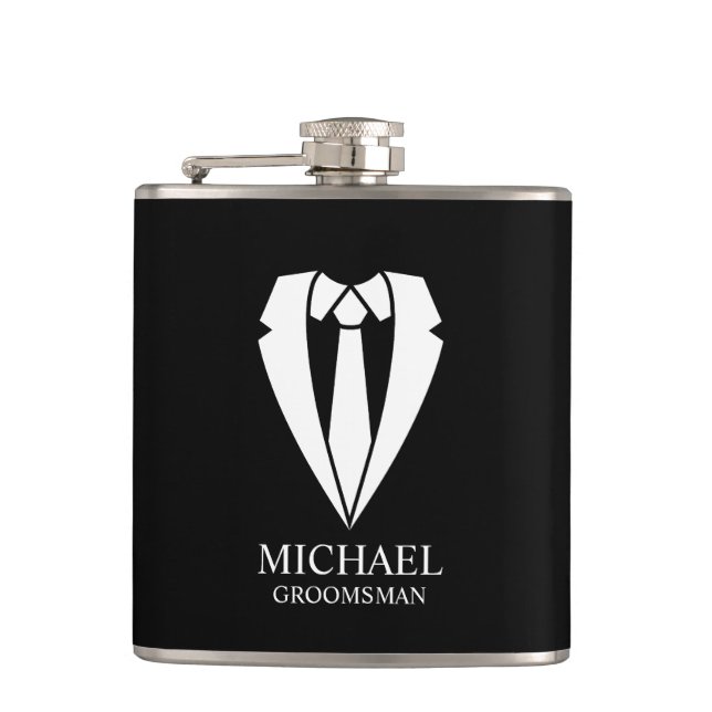 Black Wedding Suit and Tie Personalized Groomsmen Flask (Front)