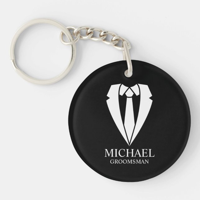 Black Wedding Suit and Tie Personalized Groomsmen Keychain (Front)