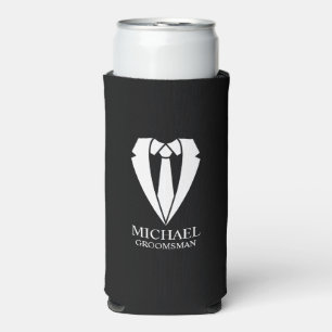 Black Wedding Suit and Tie Personalized Groomsmen Seltzer Can Cooler