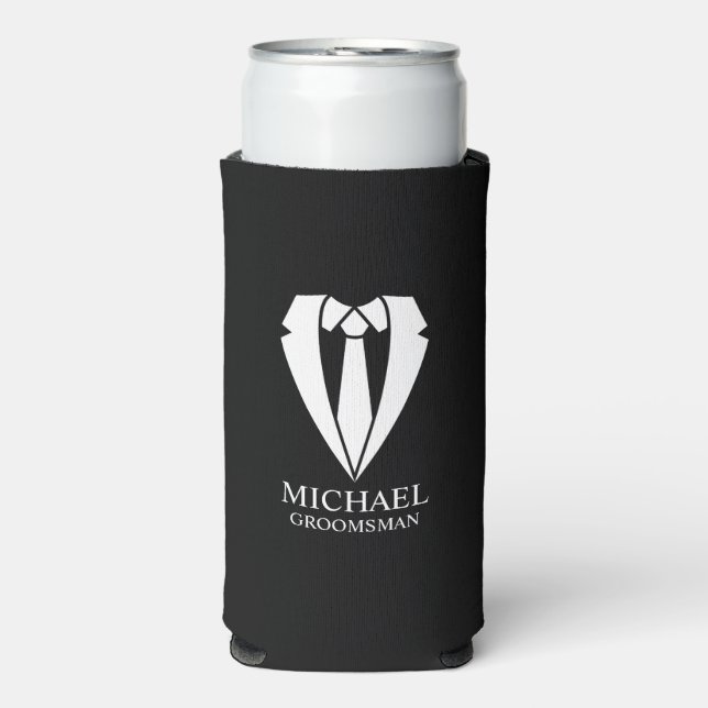 Black Wedding Suit and Tie Personalized Groomsmen Seltzer Can Cooler (Seltzer Front)