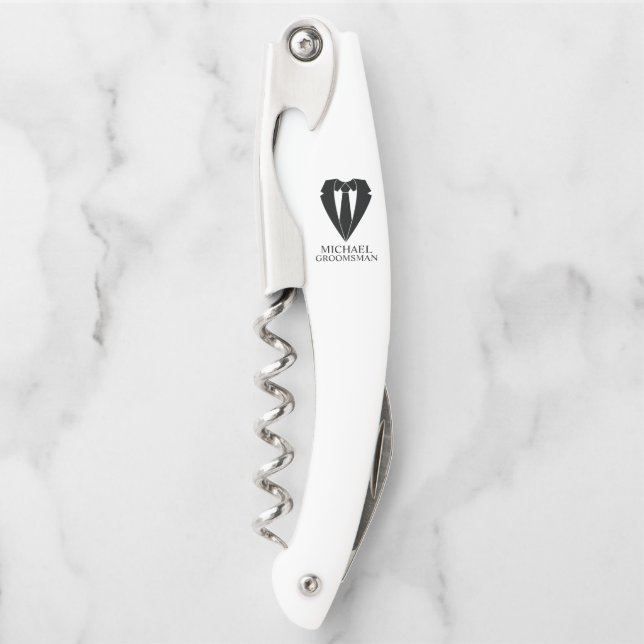 Black Wedding Suit and Tie Personalized Groomsmen Waiter's Corkscrew (Front)