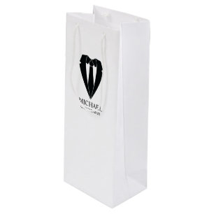 Black Wedding Suit and Tie Personalized Groomsmen Wine Gift Bag