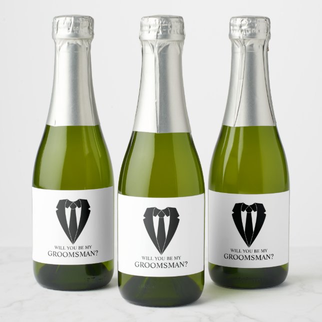 Black Wedding Suit Groomsman Proposal Sparkling Wine Label (Bottles)