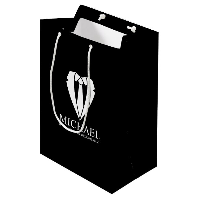 Black Wedding Suit Personalized Groomsman Proposal Medium Gift Bag (Front Angled)