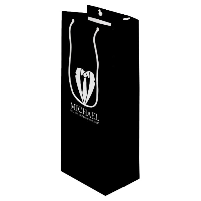 Black Wedding Suit Personalized Groomsman Proposal Wine Gift Bag (Front Angled)