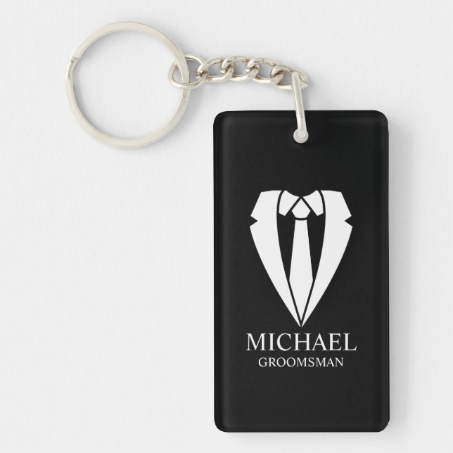 Black Wedding Suit Personalized Groomsmen Keychain (Front)