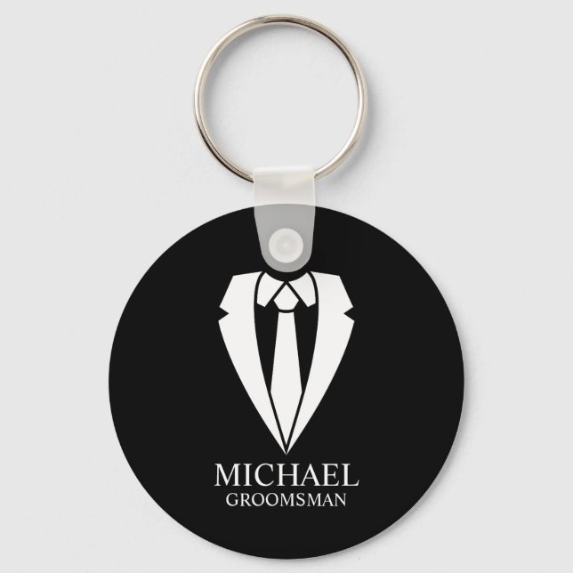 Black Wedding Suit Personalized Groomsmen Keychain (Front)