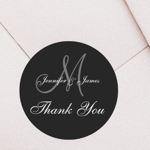 Black Wedding Thank You Monogram Names Classic Round Sticker
