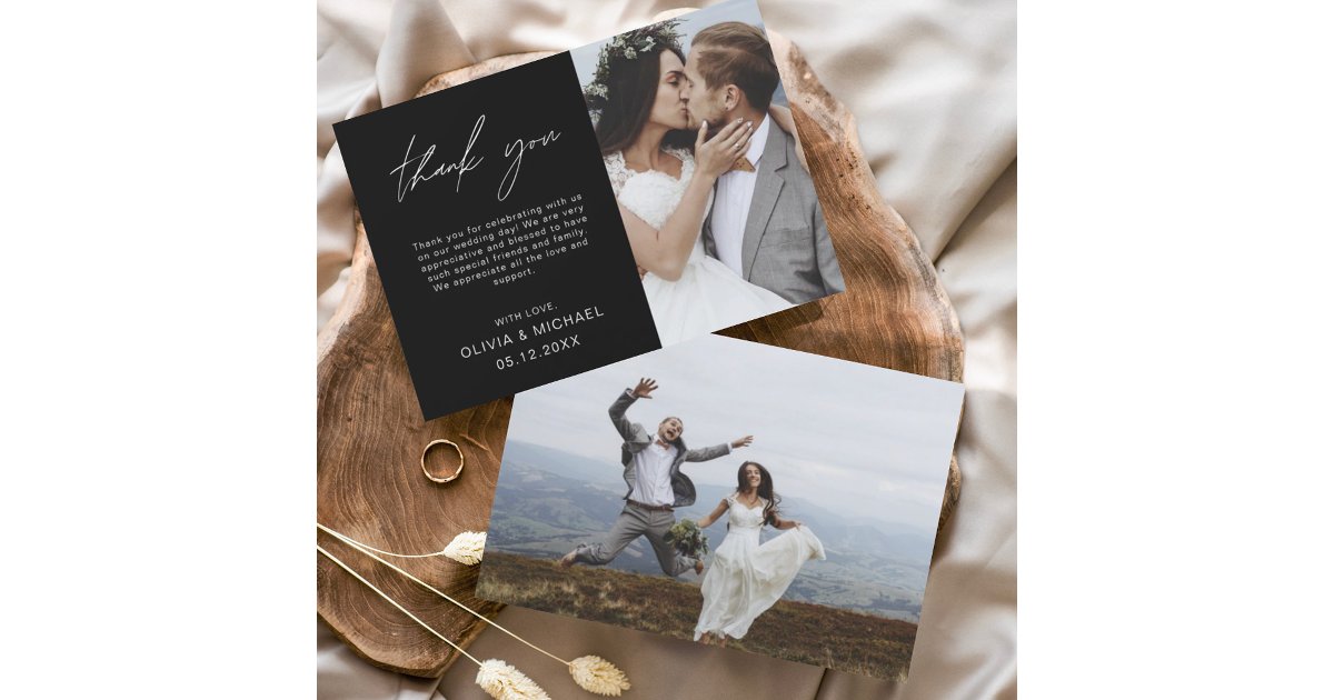 Black Wedding Thank You Photo Minimalist Card | Zazzle