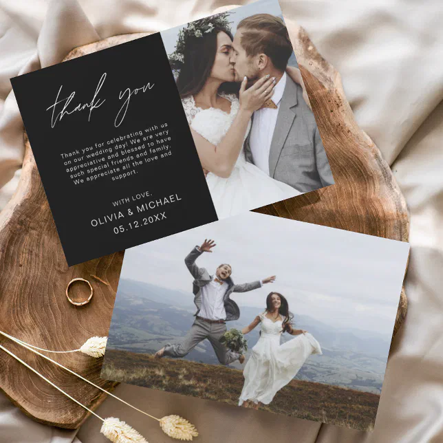 Black Wedding Thank You Photo Minimalist Card | Zazzle