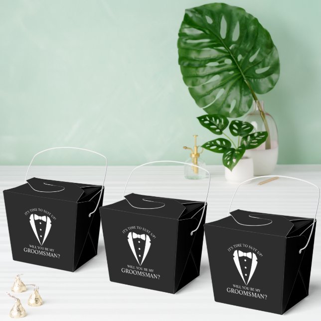 Takeout style groomsman proposal boxes with white tuxedo motif.