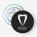 Black Wedding Tuxedo Suit Personalized Groomsmen Bottle Opener<br><div class="desc">Make Your Wedding Unforgettable – Add a personal touch with a custom groomsmen gift
featuring a tuxedo suit and bow tie illustration with a personalized groomsman's name and title in a classic serif font.

 A perfect keepsake for your groomsmen,  best man,  father of the bride,  and more!</div>